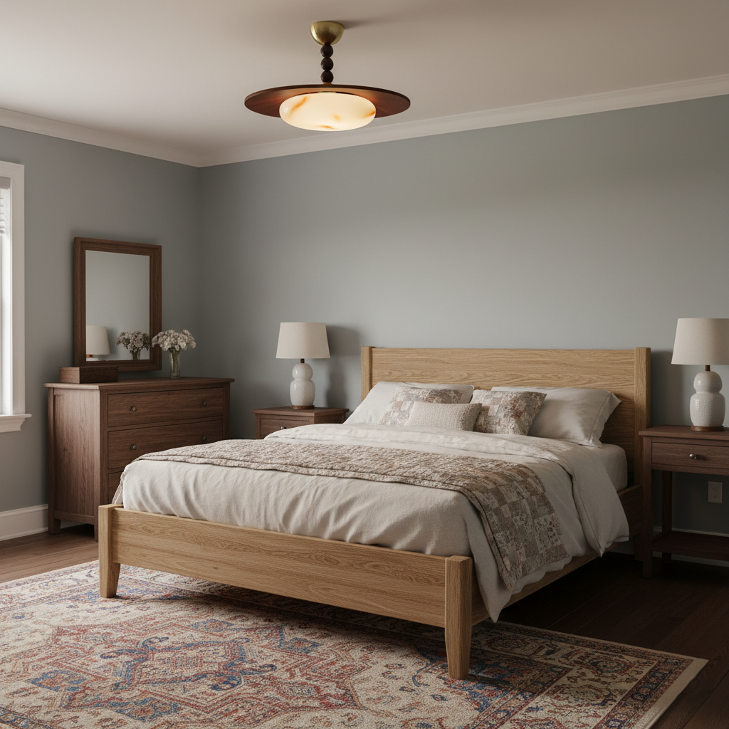 Wood And Glass Semi Flush Ceiling Light With Brass Fitting
