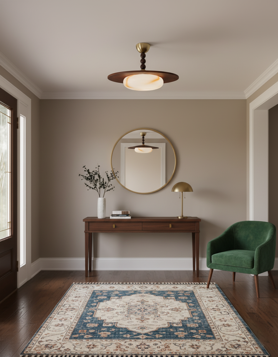 Wood And Glass Semi Flush Ceiling Light With Brass Fitting