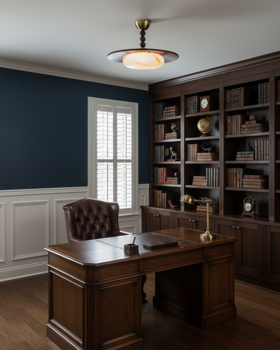Wood And Glass Semi Flush Ceiling Light With Brass Fitting