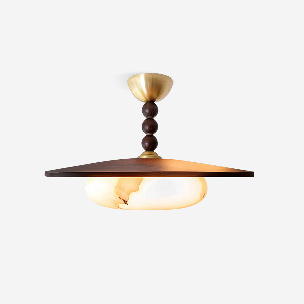 Wood And Glass Semi Flush Ceiling Light With Brass Fitting