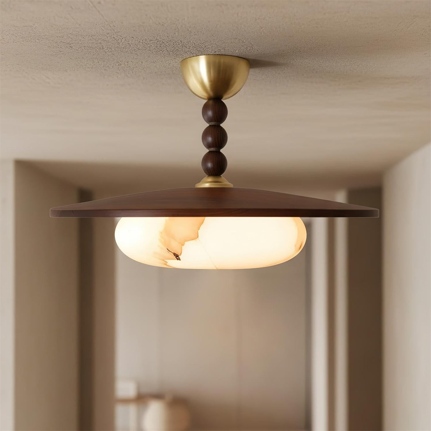 Wood And Glass Semi Flush Ceiling Light With Brass Fitting