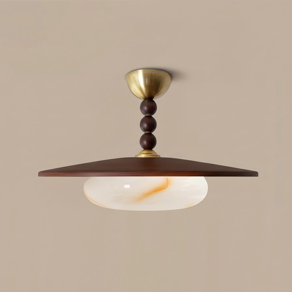 Wood And Glass Semi Flush Ceiling Light With Brass Fitting