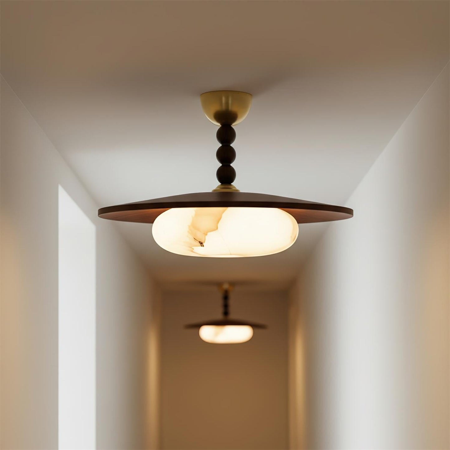 Wood And Glass Semi Flush Ceiling Light With Brass Fitting