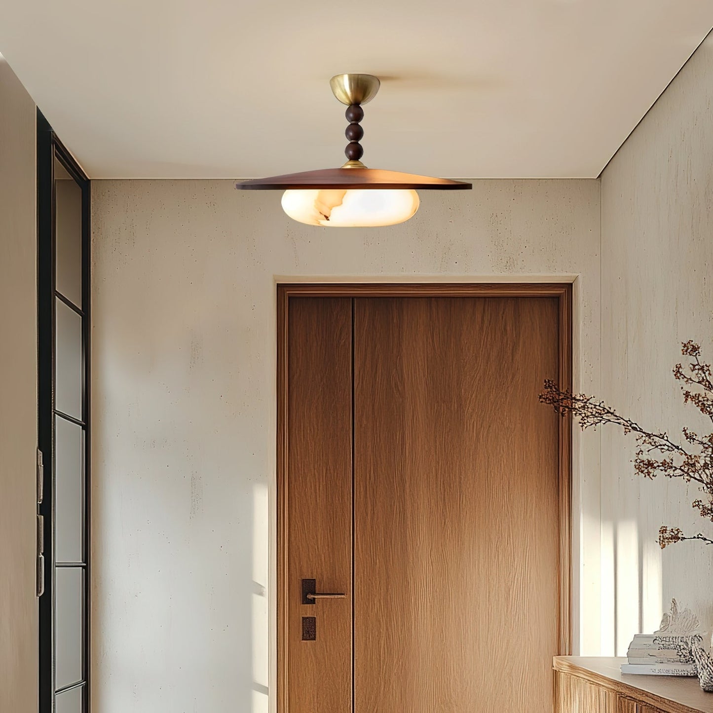 Wood And Glass Semi Flush Ceiling Light With Brass Fitting