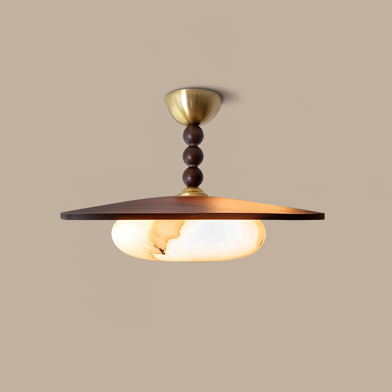 Wood And Glass Semi Flush Ceiling Light With Brass Fitting