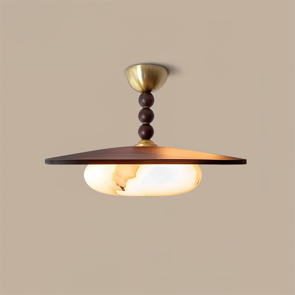 Wood And Glass Semi Flush Ceiling Light With Brass Fitting