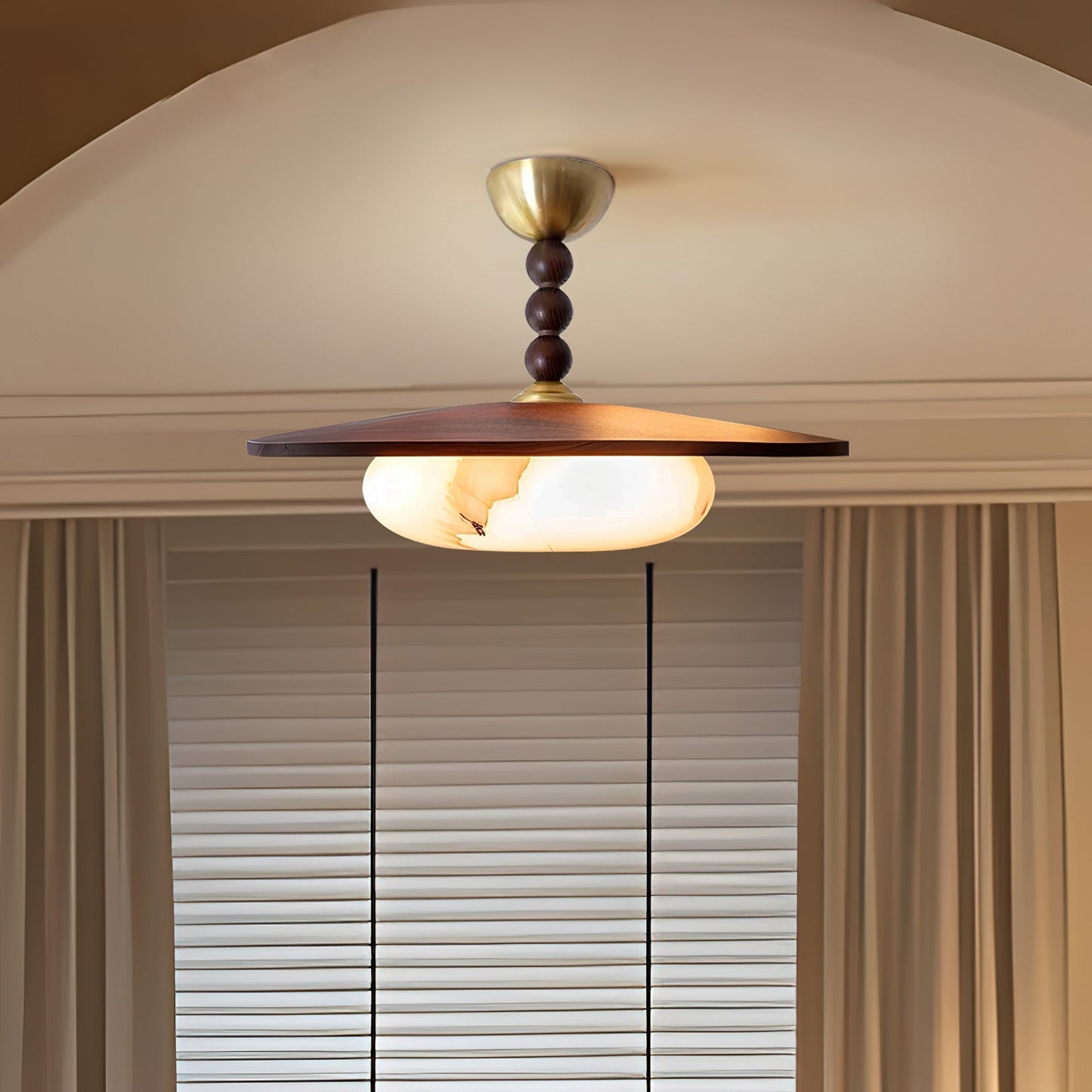 Wood And Glass Semi Flush Ceiling Light With Brass Fitting