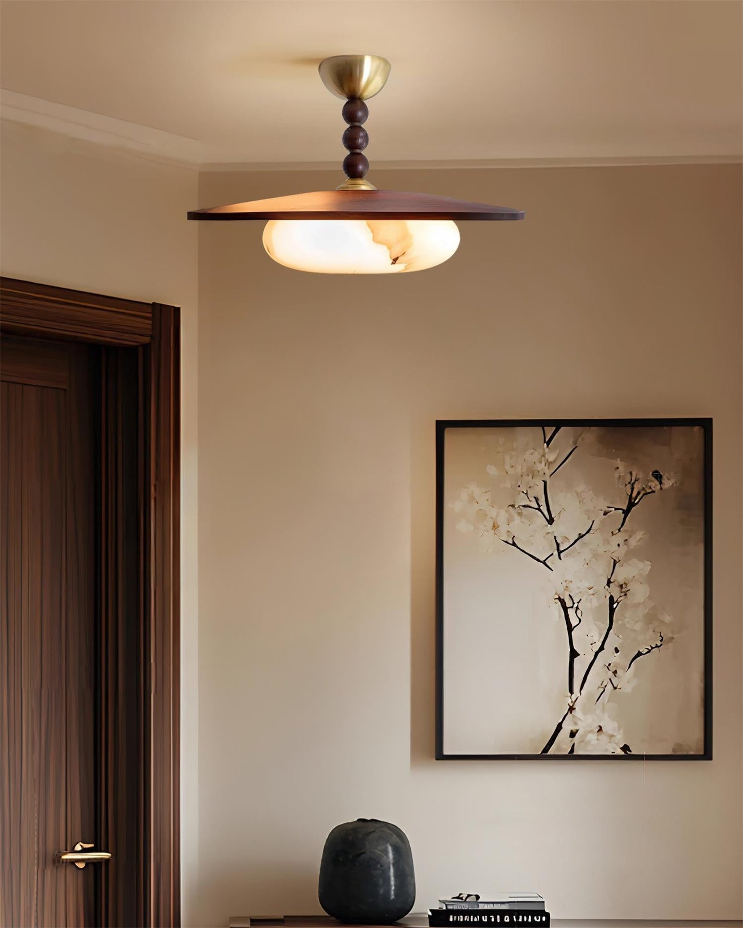 Wood And Glass Semi Flush Ceiling Light With Brass Fitting