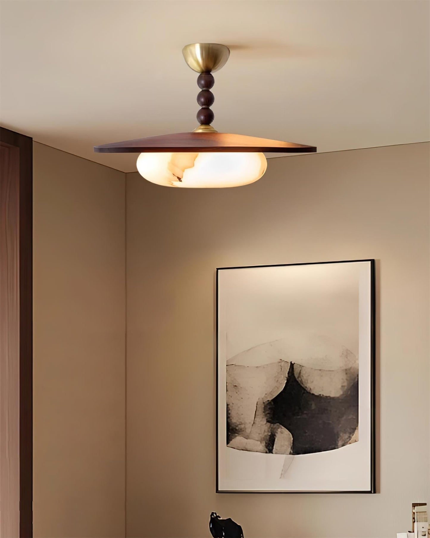 Wood And Glass Semi Flush Ceiling Light With Brass Fitting