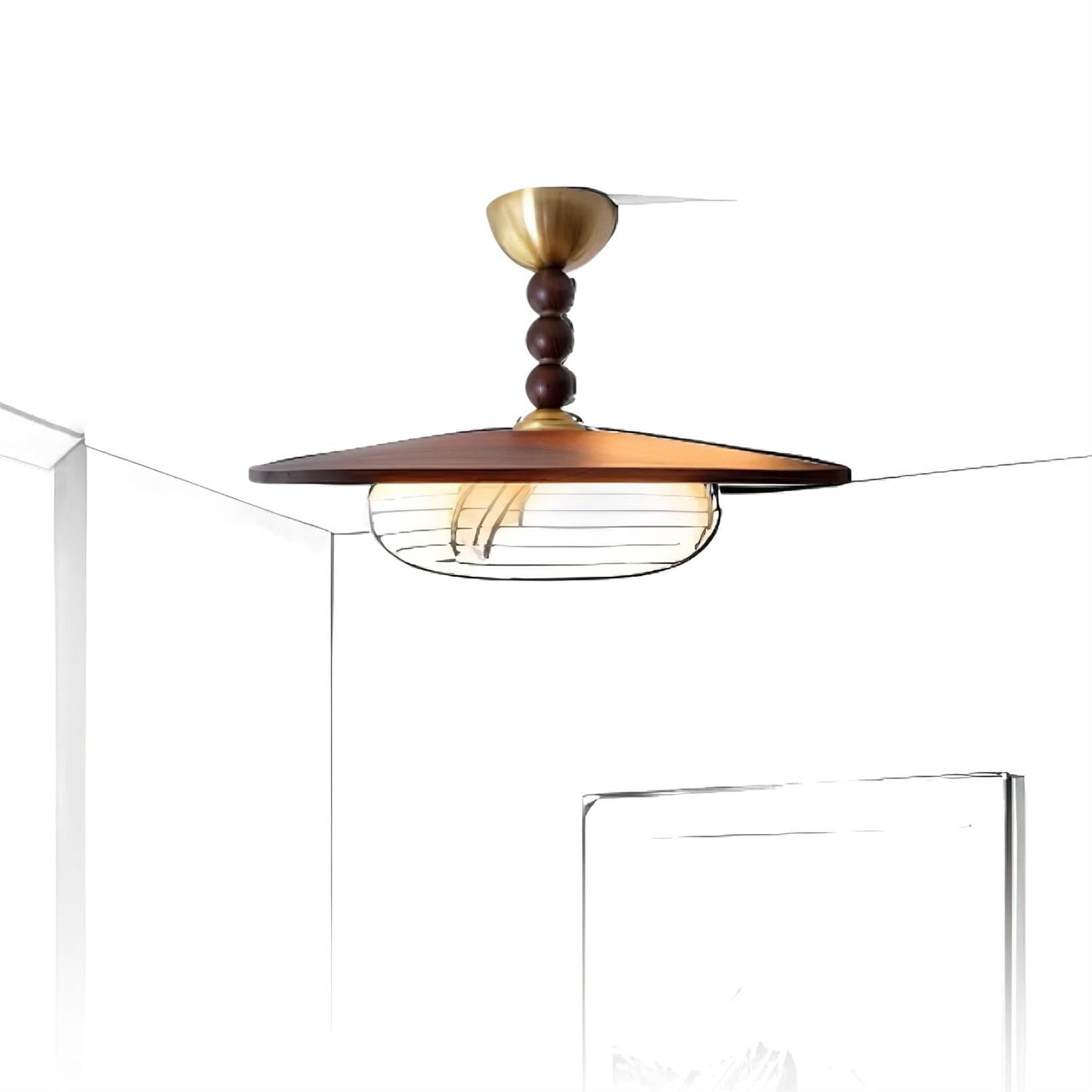 Wood And Glass Semi Flush Ceiling Light With Brass Fitting