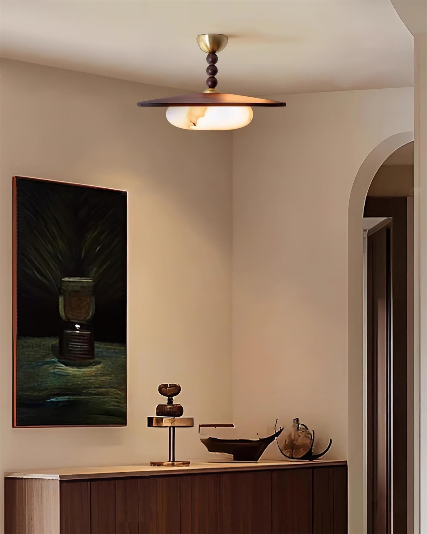 Wood And Glass Semi Flush Ceiling Light With Brass Fitting