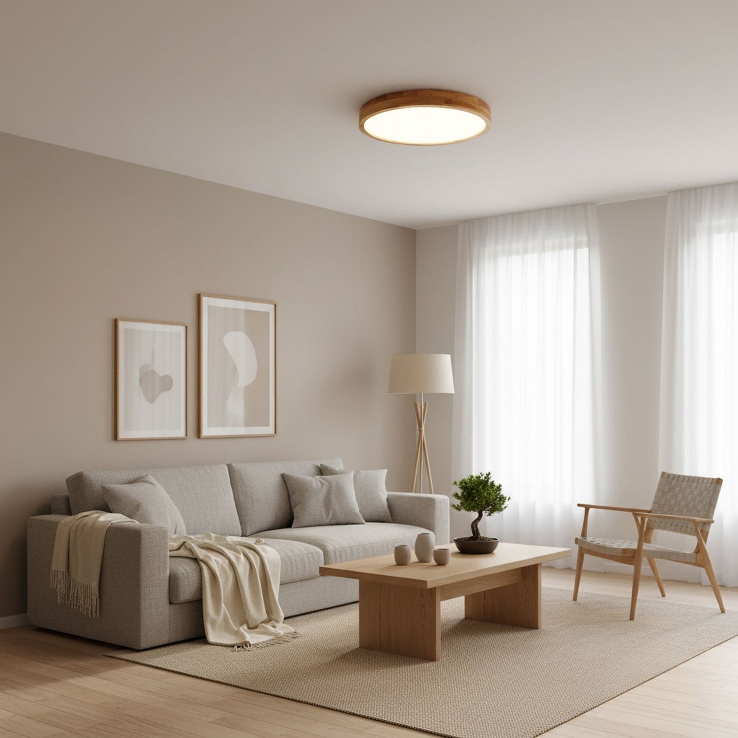 Minimalist Wood Flush Mount Ceiling Light With Round Shade