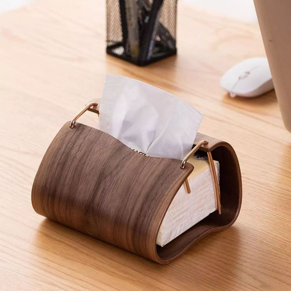 Tissue Box Cover Walnut Finish Brass Insert Non Slip Feet