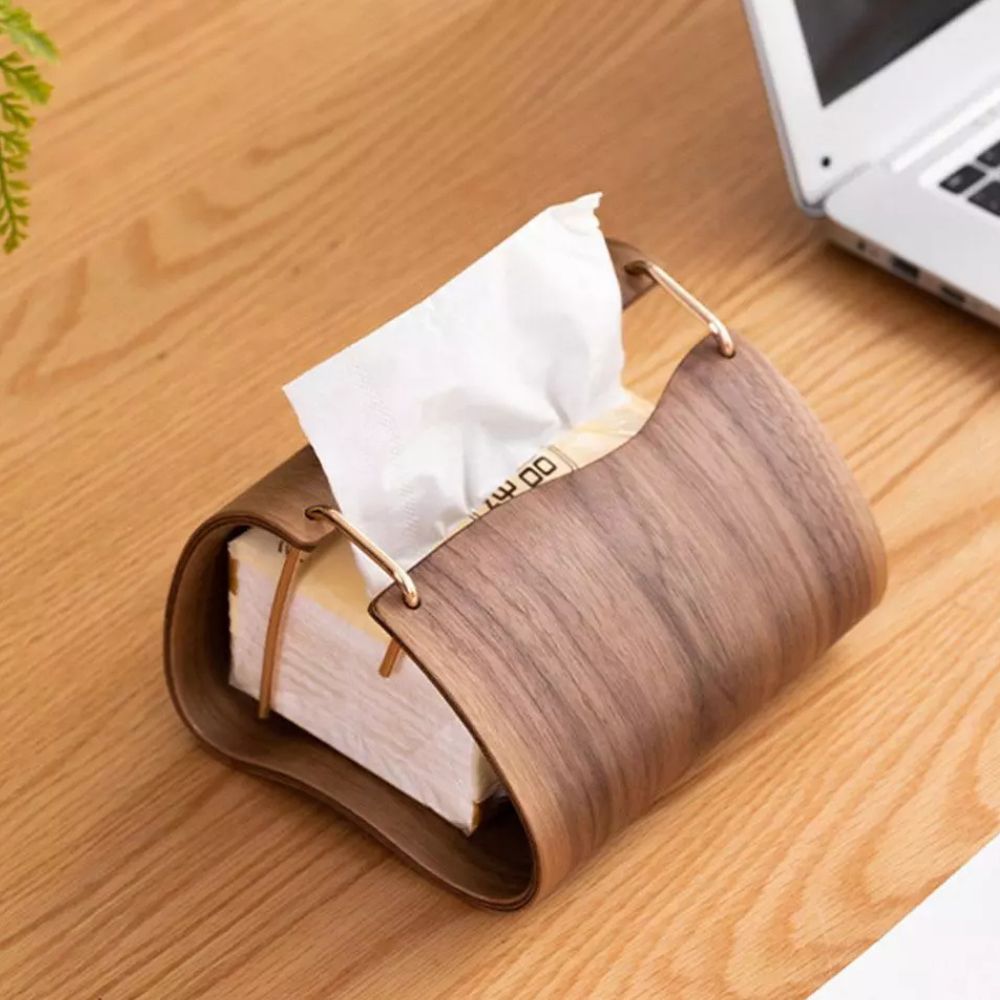 Tissue Box Cover Walnut Finish Brass Insert Non Slip Feet