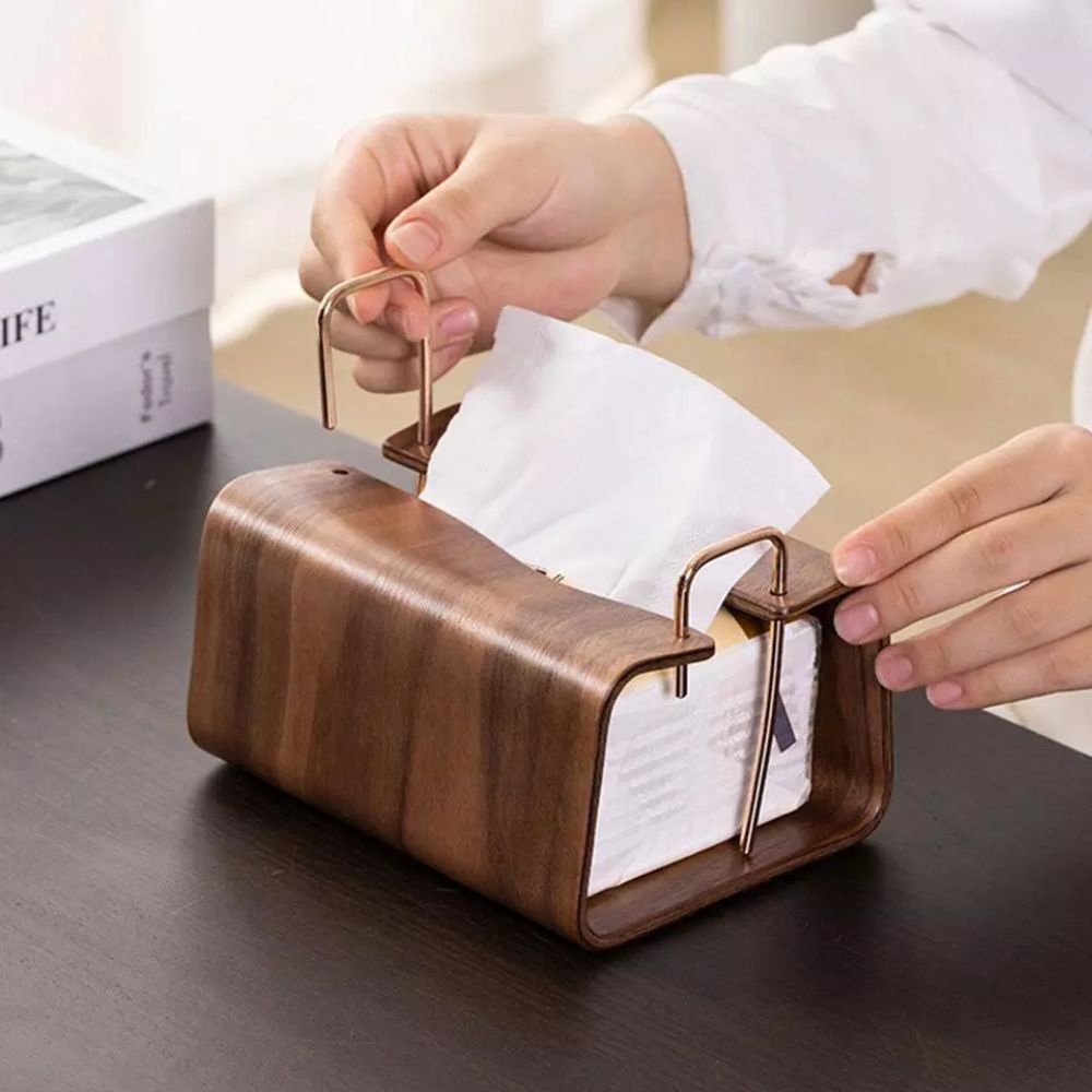 Tissue Box Cover Walnut Finish Brass Insert Non Slip Feet