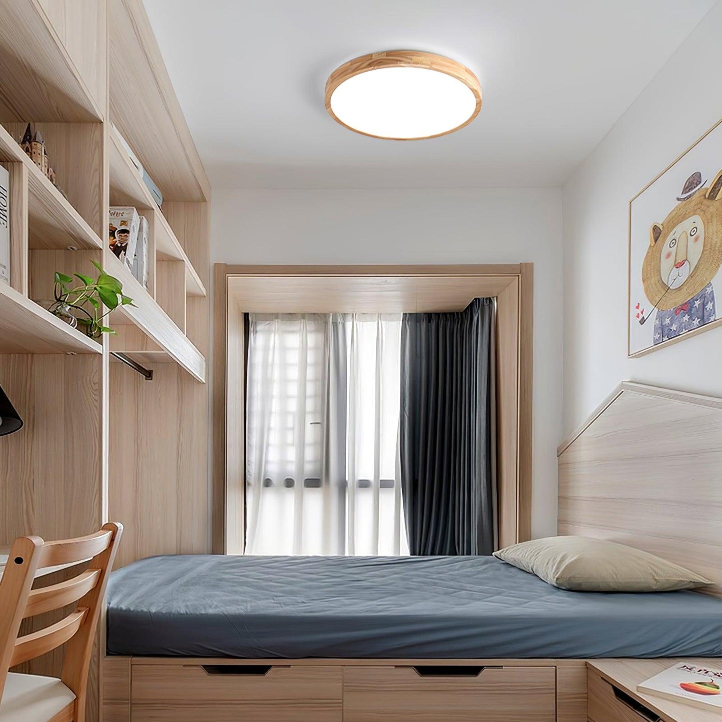 Minimalist Wood Flush Mount Ceiling Light With Round Shade