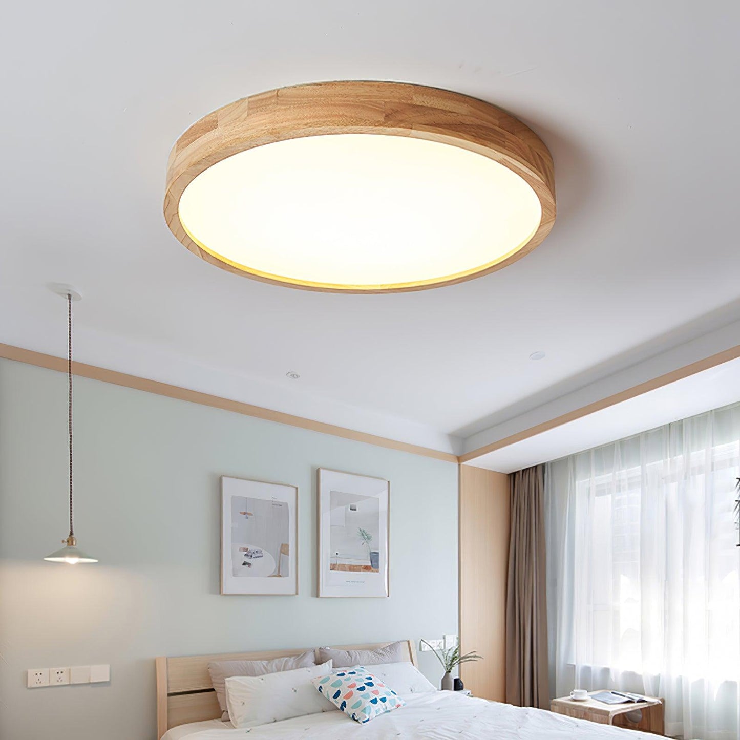 Minimalist Wood Flush Mount Ceiling Light With Round Shade