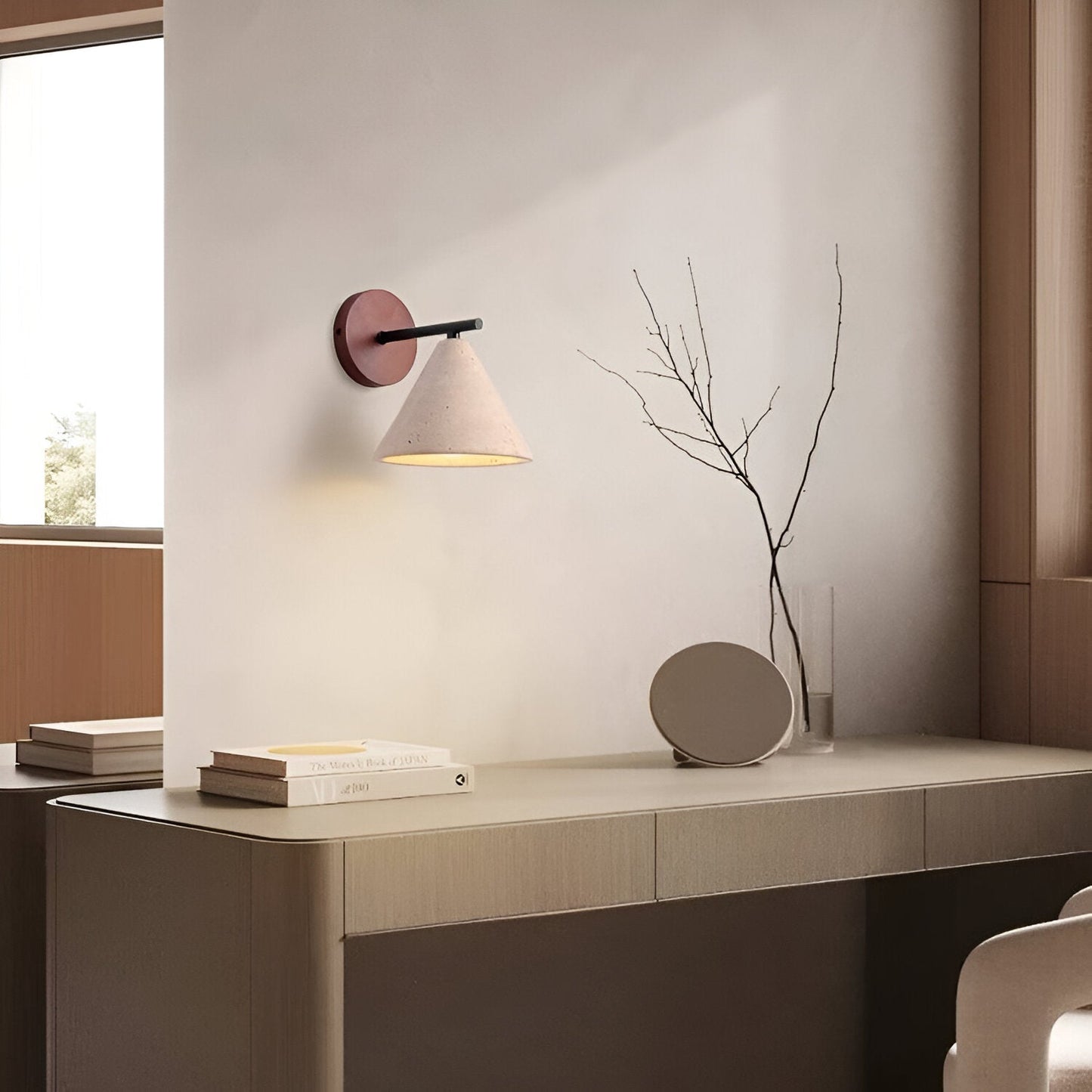 Yellow Travertine Cone Wall Light With Wood Base LED Light
