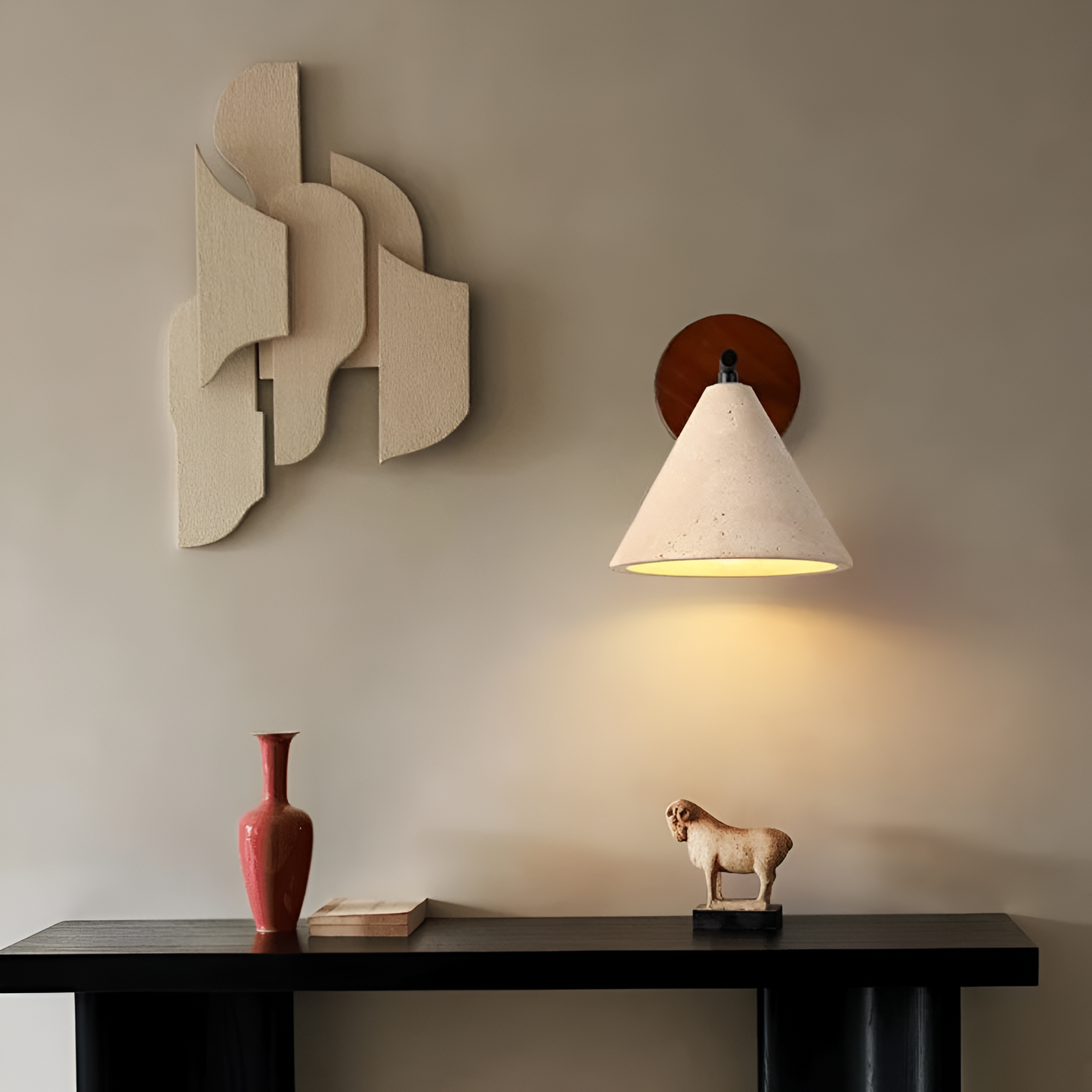Yellow Travertine Cone Wall Light With Wood Base LED Light
