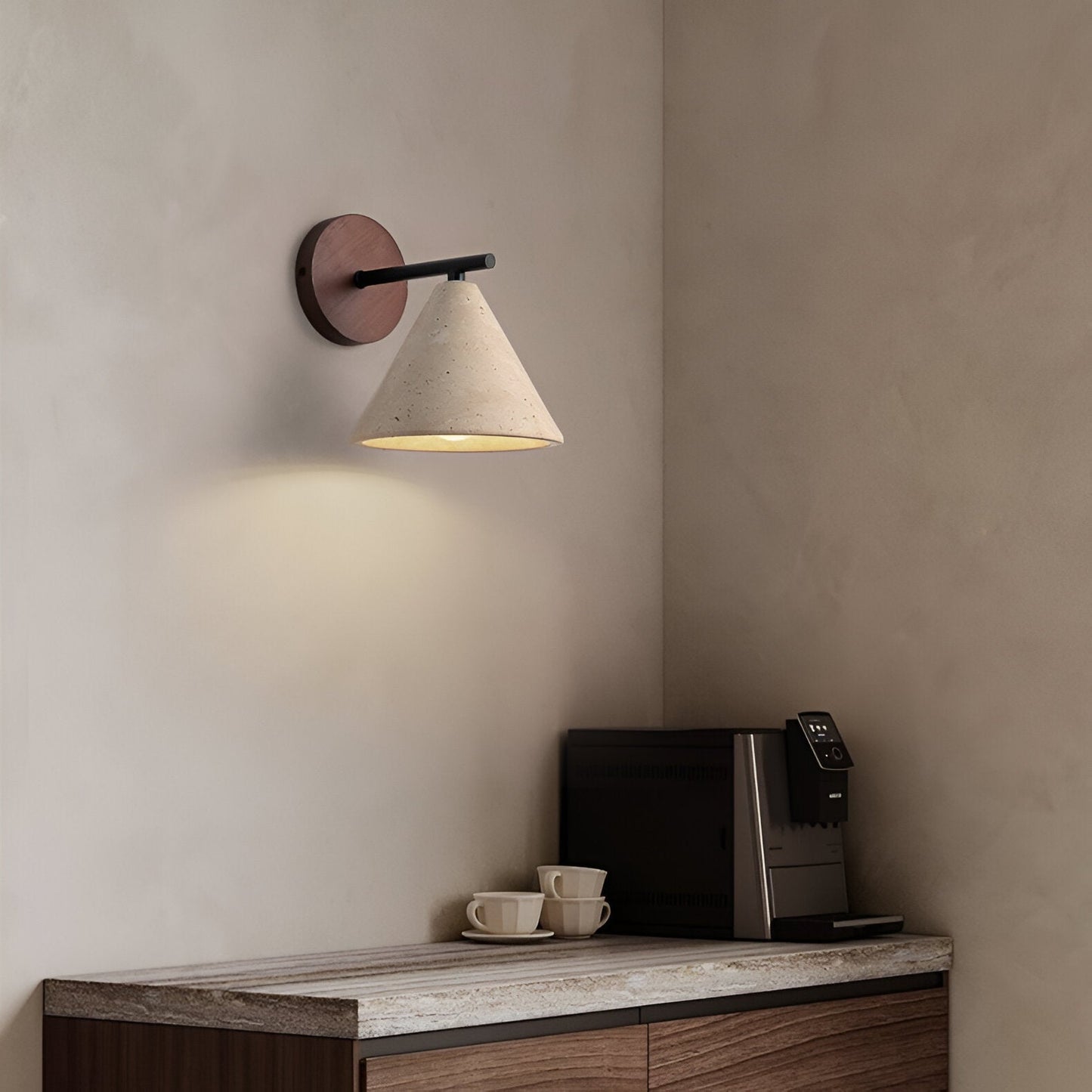Yellow Travertine Cone Wall Light With Wood Base LED Light