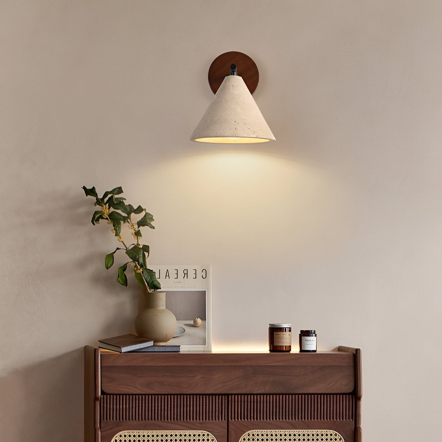 Yellow Travertine Cone Wall Light With Wood Base LED Light