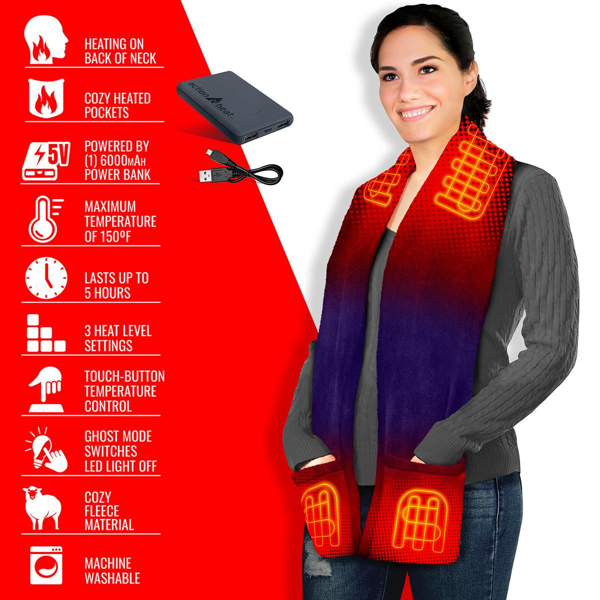 ActionHeat 5V Battery Heated Fleece Scarf with Pockets