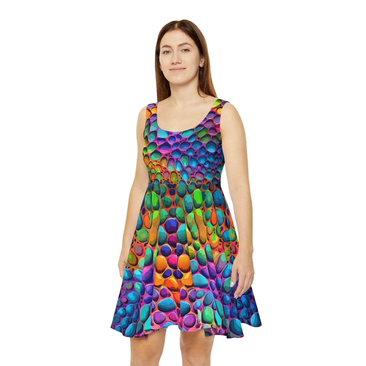 Geometric Graffiti AOP Skater Dress for Creative Women — Vibrant Street Art Party Dress, Flared Hem Gallery Event Outfit
