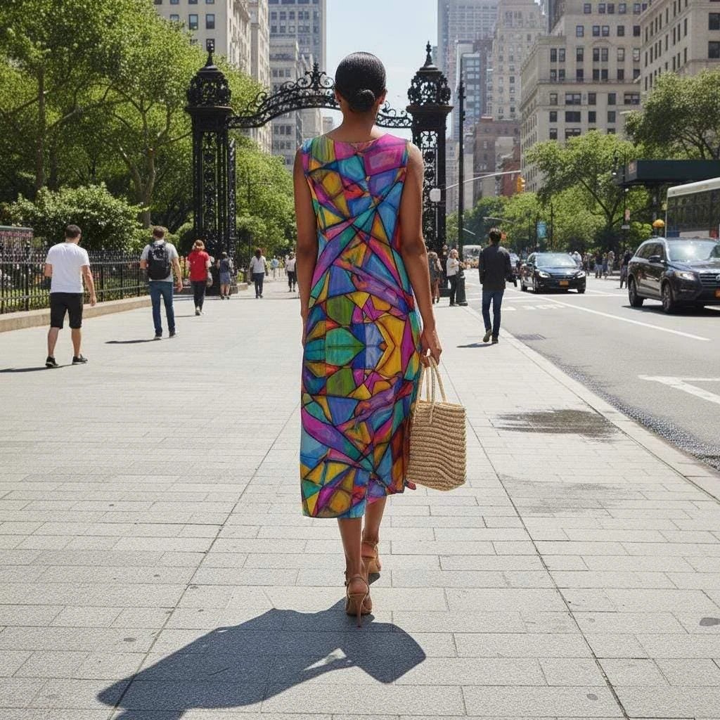 Maximalist Abstract Slub Cotton Summer Dress for Creative Fashion Dressers — AOP Sleeveless Midi, Artistic Warm-Weather Statement