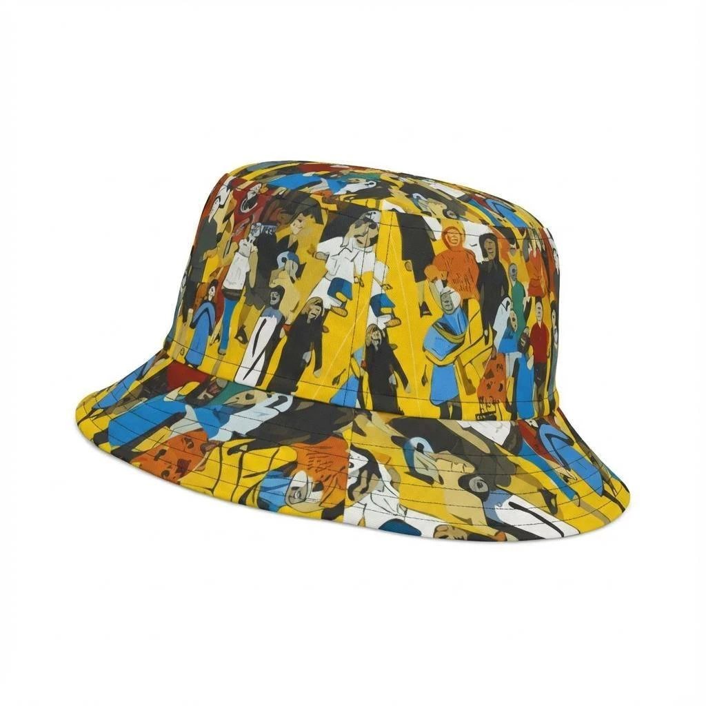Crowd Theory Illustrated Bucket Hat for Urban Maximalists — Dyles Mavis AOP Where's-Waldo Collage, Bold Yellow Festival Headwear, Made in USA