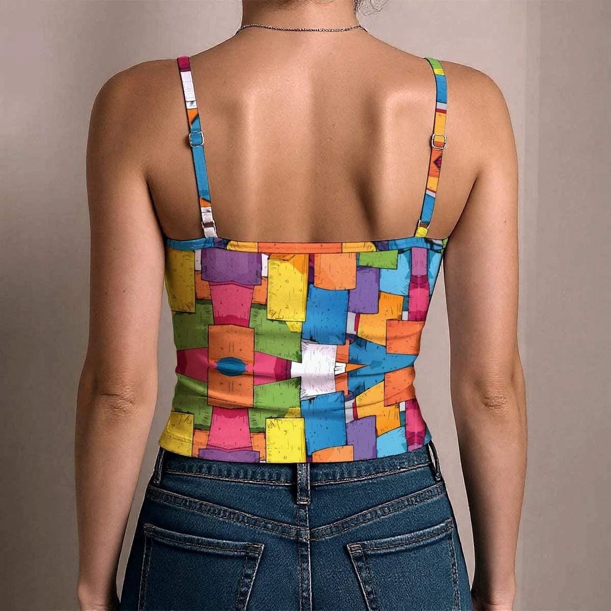 Geometric Color Block Spaghetti Strap Vest for Chic Self-Expressers — Bold AOP Women's Tank, Modern Art-Pattern Sleeveless
