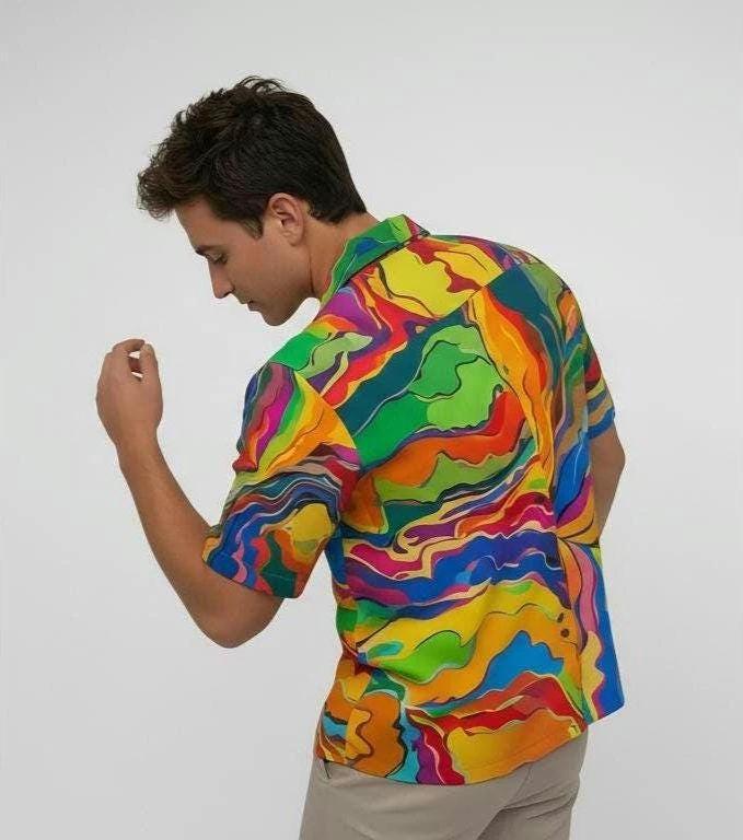 Psychedelic Swirl Camp Shirt - Vibrant Maximalist Hawaiian Shirt for Summer Festivals