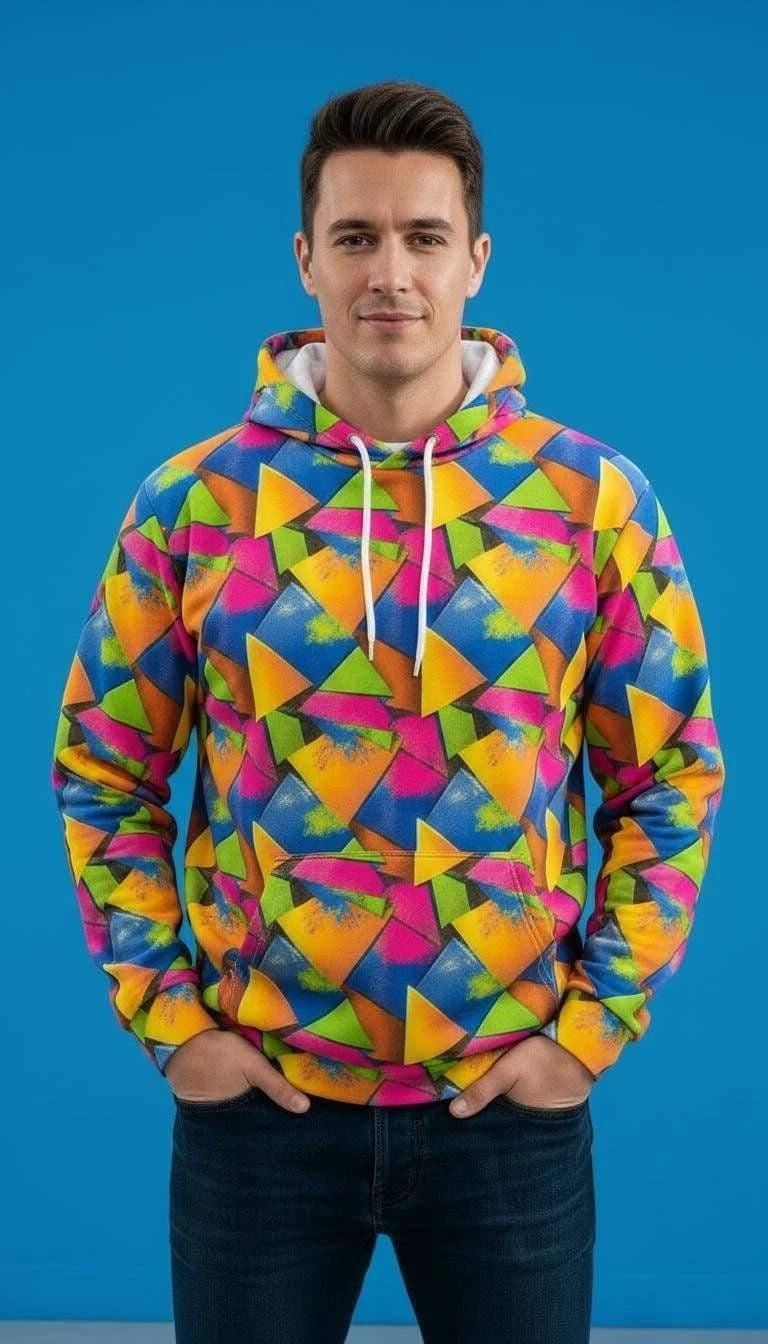 Vibrant Geometric Triangle Print Hoodie - Bold Maximalist Streetwear Pullover for Rave Style