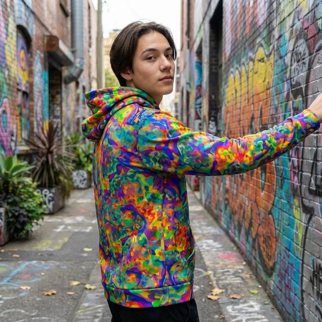 Iridescent Chameleon Color-Shift Hoodie for Rave and Techwear Dressers — Bio-Digital AOP Holographic Print, EDM Festival Burning Man Statement