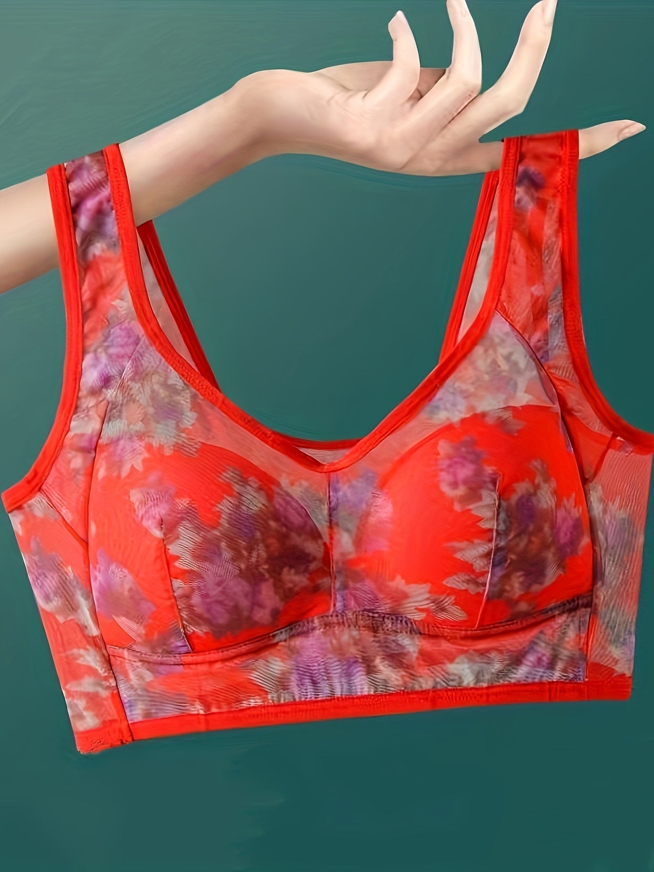 Elegant Floral Print Wireless Bralette, Sheer Back TJR3P9X
