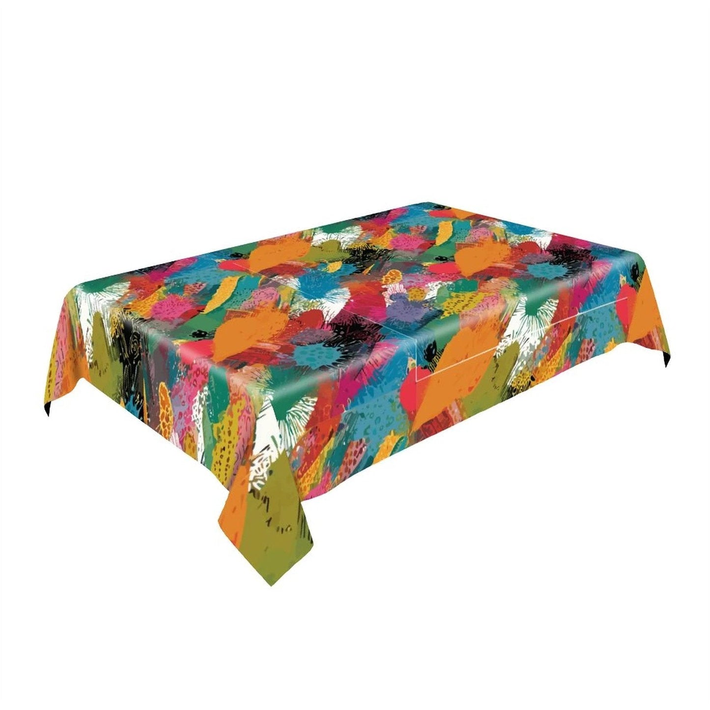 Painted Camo Tablecloth — Warm Multicolor Brush-Dab AOP Rectangular Table Cover, Maximalist Dining Decor