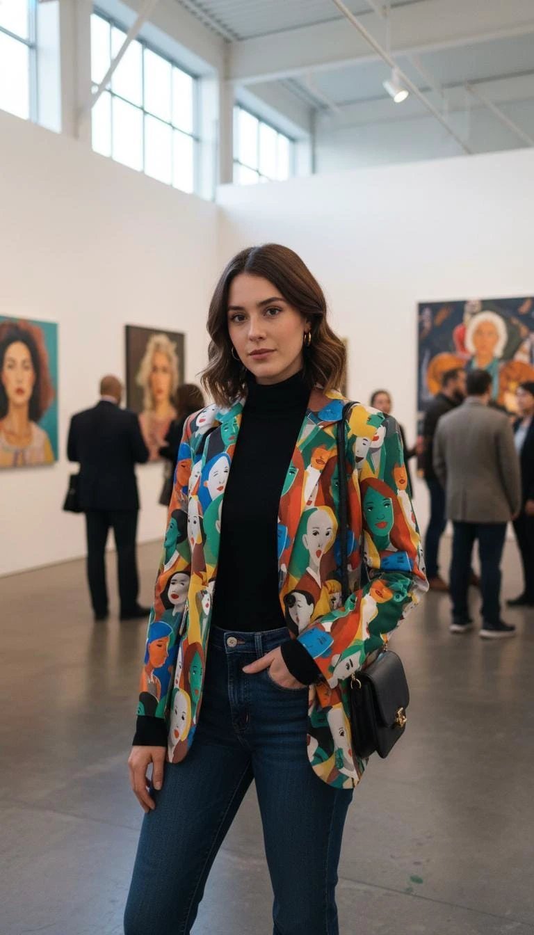 Urban Crowd Faces Designer Blazer - Bold All-Over Print Cotton Suit Jacket for Creatives