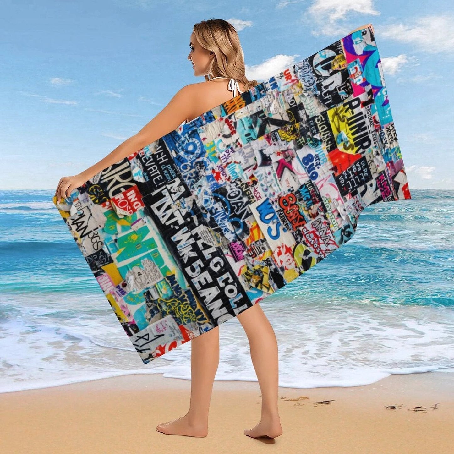 StreetsmART Sticker Bomb AOP Microfiber Beach Towel | 61"×30" Oversized Quick-Dry Festival Pool Towel — Urban Collage Maximalist Sublimation Print