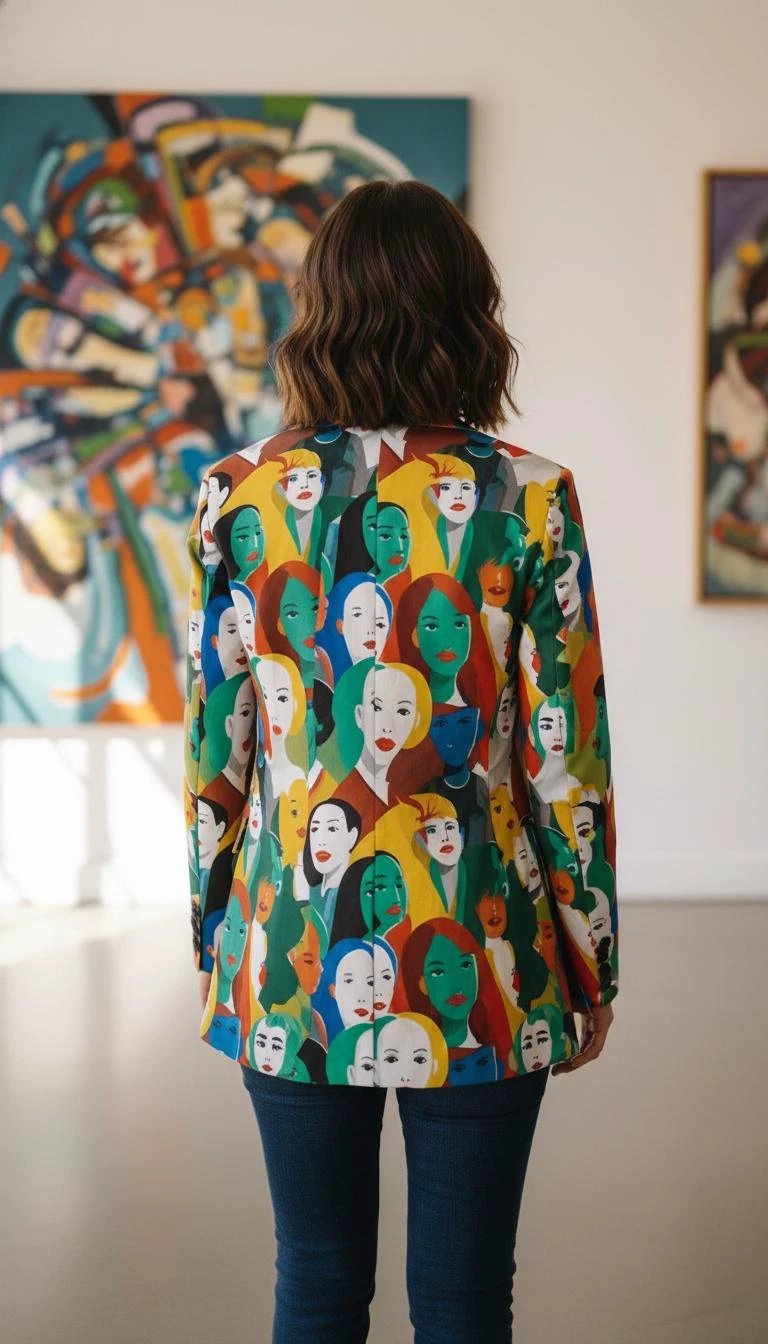Urban Crowd Faces Designer Blazer - Bold All-Over Print Cotton Suit Jacket for Creatives