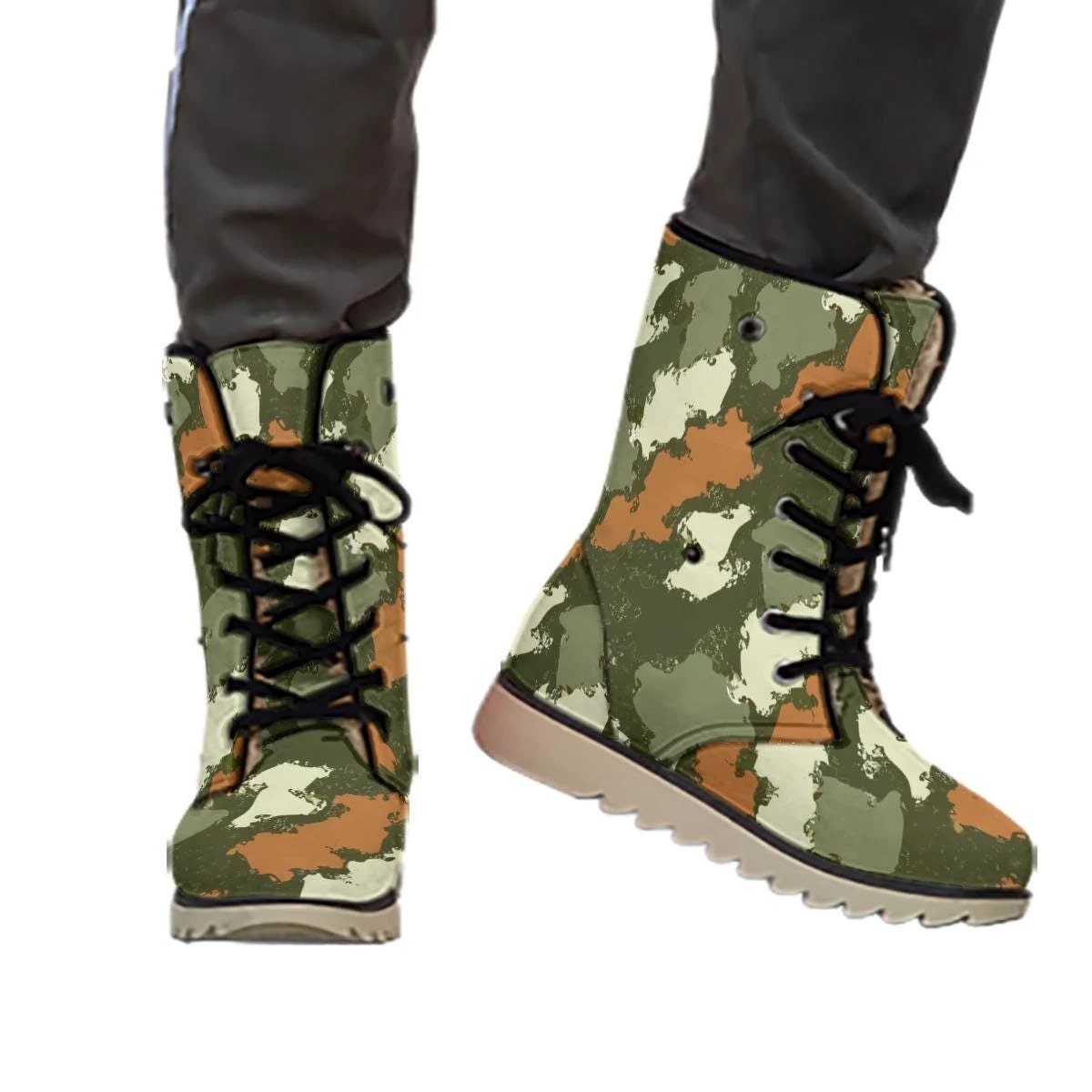 Glitch Camo Combat Boots for Urban Explorers — Concrete Jungle AOP Martin-Style Boots, Plush-Lined Winter Footwear, Alt Fashion, Men's Wearable Art