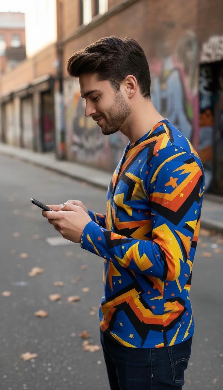 Men's Lightning AOP Henley Shirt for Maximalist Cyberpunk Streetwear Dressers — Long Sleeve Bold Print Statement Top