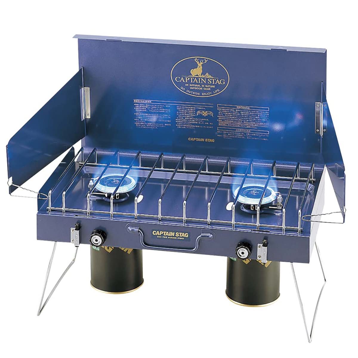 CAPTAIN STAG M-8249 Double Burner Gas Butane Stove Folding Outdoor Camping Integrated Windshield For Screw Threaded Type Butane Canister
