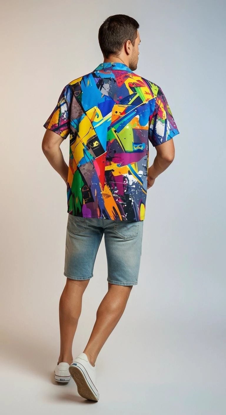 Trippy Tropics Vaporwave Hawaiian Shirt - Vibrational Vector AOP Button-Up for Cyber-Vacation & Festivals