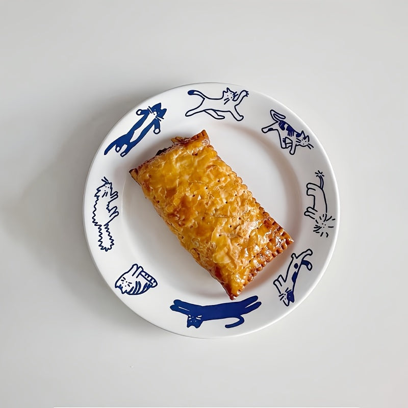 Vintage Cute Kitten Puppy Blue Breakfast Ceramic Plate - DO2K