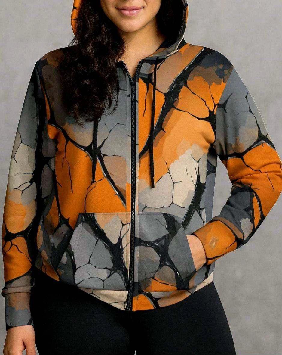 Maximalist Shattered Glass AOP Hoodie for Bold Streetwear Fans — Heavyweight Primal Print Pullover, Orange Black Halloween Fall Statement