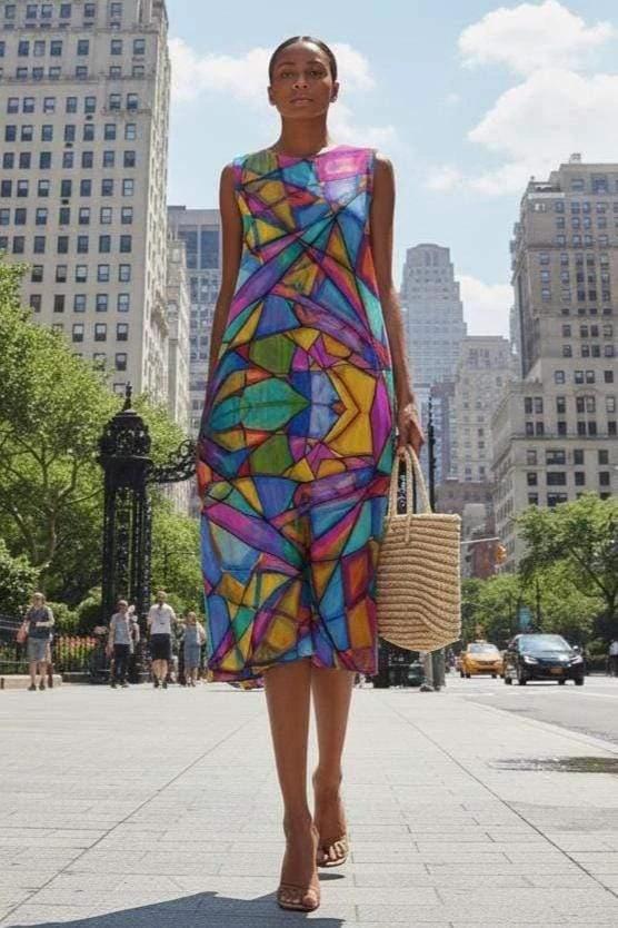 Maximalist Abstract Slub Cotton Summer Dress for Creative Fashion Dressers — AOP Sleeveless Midi, Artistic Warm-Weather Statement