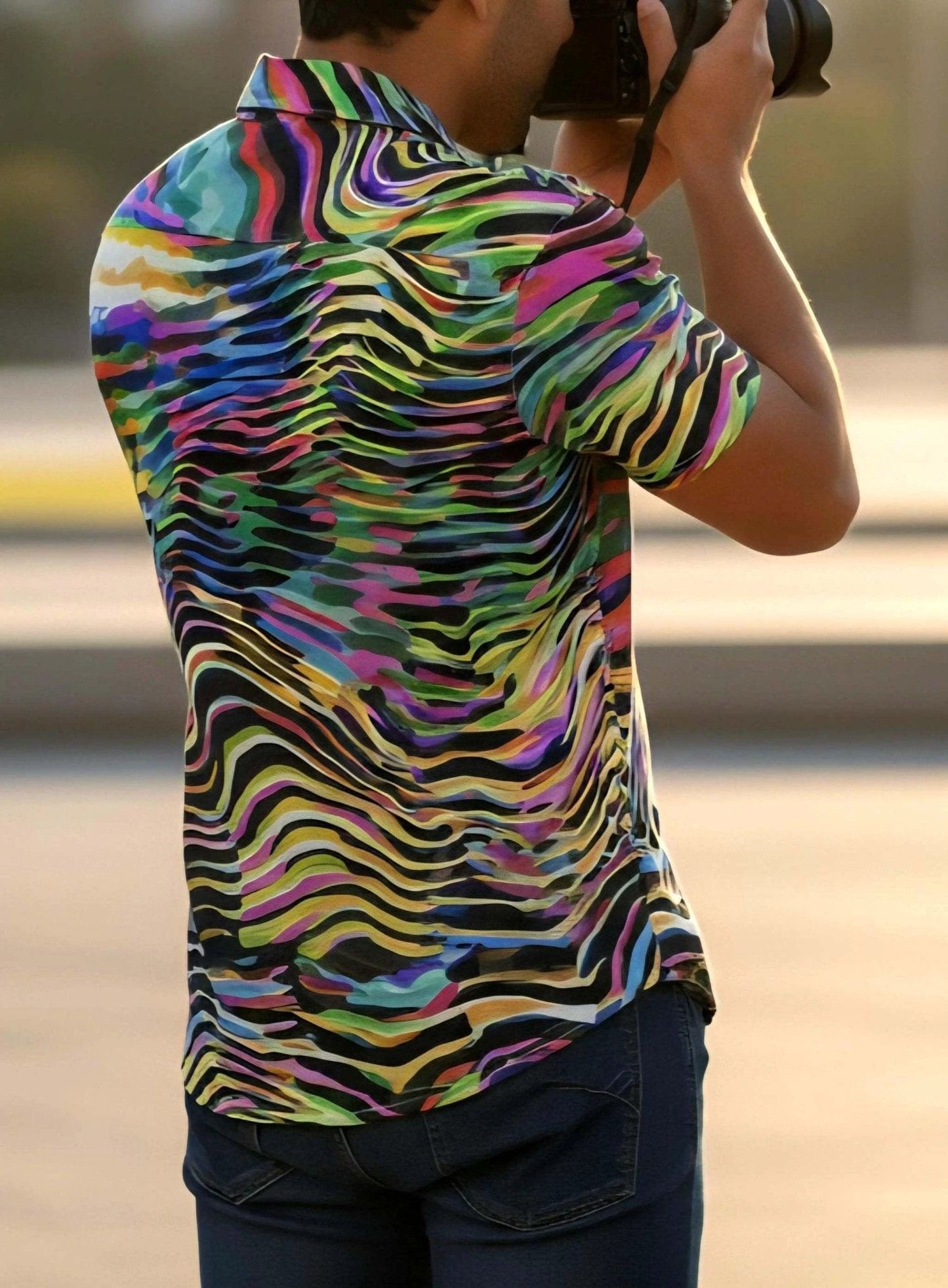 Ethereal Zebra Psychedelic Button-Up for Creative Professionals — Wave AOP Short Sleeve Maximalist Shirt, Festival Business Casual Crossover