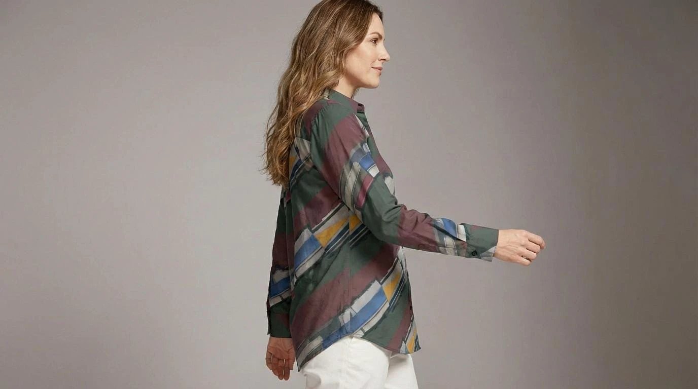 Modern Abstract Geometric Brushstroke Blouse for Earthy Jewel Tone Dressers — Dyles Mavis AOP Acid Marble Top, Chaos-Core Liquid Stretch Fashion