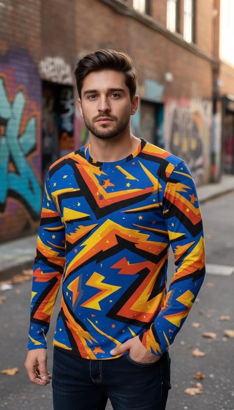 Men's Lightning AOP Henley Shirt for Maximalist Cyberpunk Streetwear Dressers — Long Sleeve Bold Print Statement Top