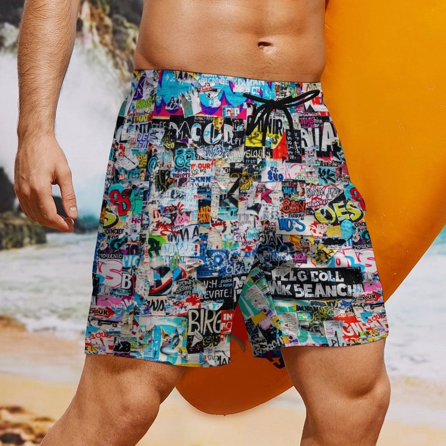 Sticker Bomb Beach Shorts with 4 Pockets — Street Collage AOP Swim-Ready Summer Shorts