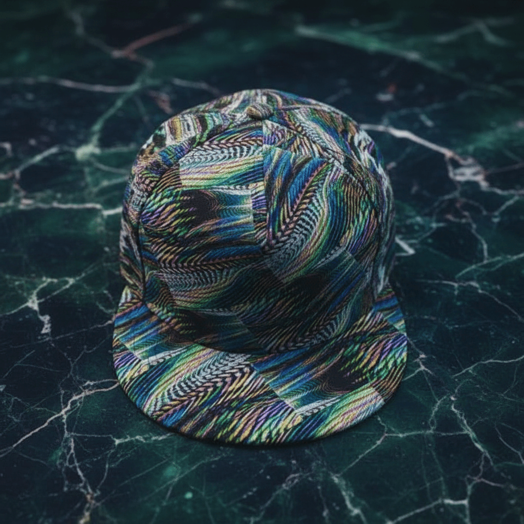 Main Character Flat Brim for Streetwear Collectors — Fractal Art AOP Snapback, Psychedelic Festival Cap, Alt Fashion Headwear, Moss Teal Ochre Print